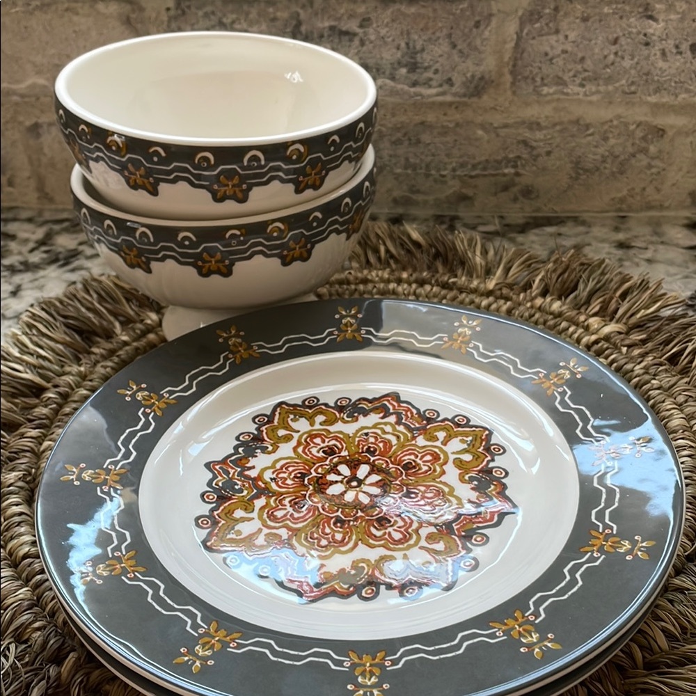 Cost Plus World Market Gray and Gold Footed Soup Bowl and 2 Salad Plates